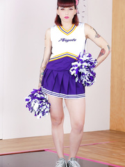 Inked vampire cheerleader Veronica Layke proudly shows her taut body & muff