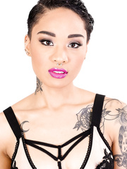 Solo model Playgirl Gold flaunts her shaved cum-hole in dark stockings and garters