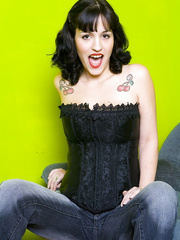 Dark Brown with cute cherry tattoos and large mounds with large nipps disrobes down