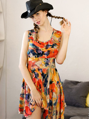 Large boobed model Sandra Phoenix fingers her cookie with her hat on