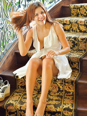 Hawt redhead honey in a white petticoat slams a sex toy in her taut love tunnel