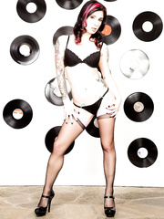 Tattoo enthusiast sticks a dildo up her love tunnel after brassiere and panty removal