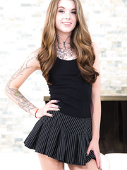 Cute Adriana Beauty with a diamond tattoo on pubis and tiny zeppelins undresses down