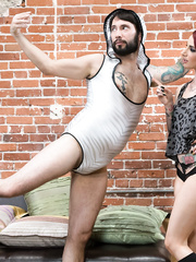 Tattooed punker with half a head of red hair Sheena Rose takes it up the arse