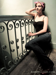 Barefaced honey with glamorous bra buddies playfully disrobes down by the railing