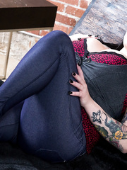 Tattooed goth on the enormous side of the scales sucks schlong previous to and after sex