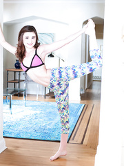 eighteen year old gal Hailey Little takes off yoga attire to stand bare