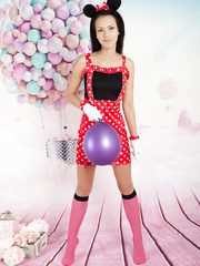 Petite black haired legal age teenager Lada disrobes off her cute outfit and shows blameless holes