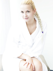 Golden-Haired with diminutive billibongs Leonie in nude feet showing closeup of hairless cum-hole