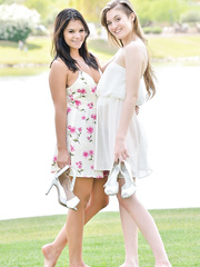 Juvenile lesbo honeys flashing no pants upskirt outdoors and stripping bare