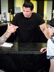 Black haired Goth hotty Asphyxia Noir bleed cum from face after engulfing two ramrods