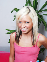 Hot golden-haired beauty with very small love bubbles undresses for massage & receives team-fucked instead