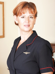 Excited aged Liddy sheds flight uniform to lounge exposed & widen fur pie lips