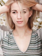 Golden-Haired legal age teenager revealing diminutive breasts and curly snatch for glamour discharges