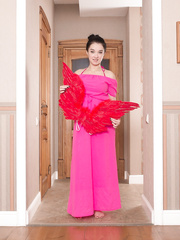 Cute non-professional Polina shows off her wide open bush wearing Beauty wings