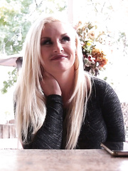 Tattooed golden-haired babe assents to do a her 1st team fuck over drinks at a cafe