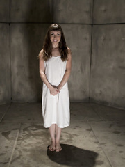 Barefoot doxy in white suit Seda waitis for her slavemaster in the dungeon