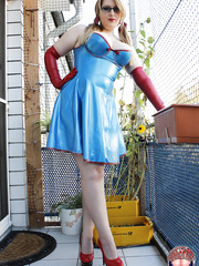 Fully dressed plumper hikes latex costume for no panty upskirt on porch