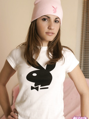 Cute legal age teenager Stephanie positions topless teasing with hawt a-hole in pants & knee socks