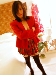 Sexy dirty photos of Asian girl wearing a short tartan dress