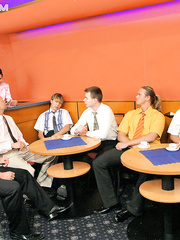 Clothed up secretary receives her holes permeated in advance of taking facial cumshots