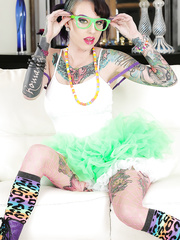 Tattooed floozy Romance in glasses & socks with boots stretching shaved bawdy cleft