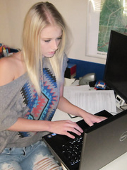 Pleasant golden-haired legal age teenager sweetheart in nerd glasses posing in underware outdoor