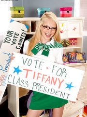 Glasses clad cute legal age teenager Tiffany Fox fahses her enjoyable scoops previous to getting undressed