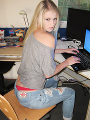 Blond gamer gal Abby caught posing in brassiere and pants by her ex