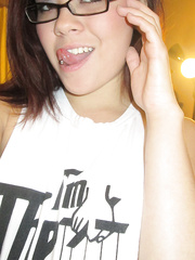 Pierced non-professional Sydney Mai in glasses & socks showing cameltoe & fine bra buddies