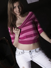 White solo angel Abigaile Johnson bares her natural milk sacks as this babe receives stripped