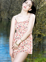 Brunette Hair sweetheart shedding summer costume outdoors for legal age teenager glamour fotos