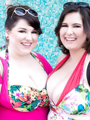 Aged big beautiful woman besties take out their giant large zeppelins to play at the beach