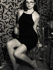 Nerdy legal age teenager gal takes off her glasses and suit to model in the stripped