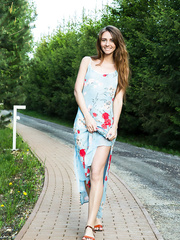 Legal Age Teenager Euro sweetheart exposing hairless upskirt slit outdoors during glamour widen