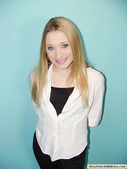 Blond beauty Kayla sucks the cum from a weenie via gloryhole in baths wall