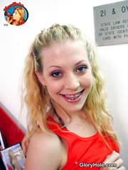 Miniature sweetie in braces Leah Luv undresses to receive a BBC gloryhole mouthful