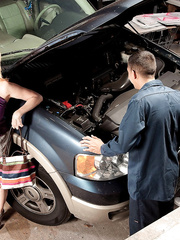 Aged over 60 woman Miranda Torri satisfies 2 juvenile chap in a garage