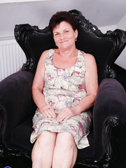 Old woman Annamaria holds her bumpers for cum after getting team-fucked by toy chap