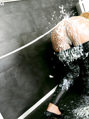 Sexually Excited golden-haired woman receives entirely overspread in cum in bawdy gloryhole bukkake