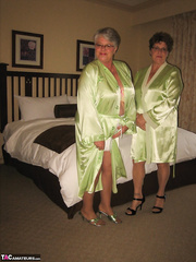 Fatty older Girdle Dominatrix-Bitch & her lewd ally stripping to take up with the tongue hard nipps