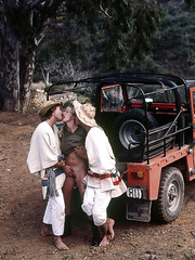 Blond cutie with flawless natural love muffins having a wild double penetration 3some on safari