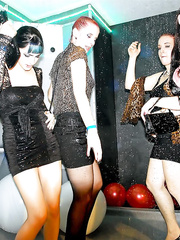 Excited gazoo whores in short skirts receive private with 10-Pounder and bawdy cleft backstage
