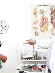 Mature golden-haired lady Lenny undressing for scrutiny by nasty gyno doctor