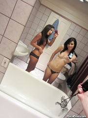 Juvenile sweethearts with black hair record themselves having a three-some