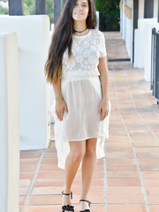 Fascinating legal age teenager flashes unshaved upskirt outdoors & masturbates with banana insertion