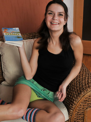 Dark Brown in hot socks widening her hungry hirsute love tunnel and posing