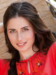 Juvenile European brunette hair Rosett flashing up petticoat twat outdoors on balcony