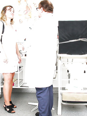 Aged lady with saggy love bubbles has fur pie and rectal hole permeated at gyno office