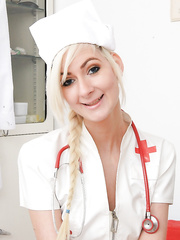 Slender hottie Simone wears uniform and has lots of joy with sex toys